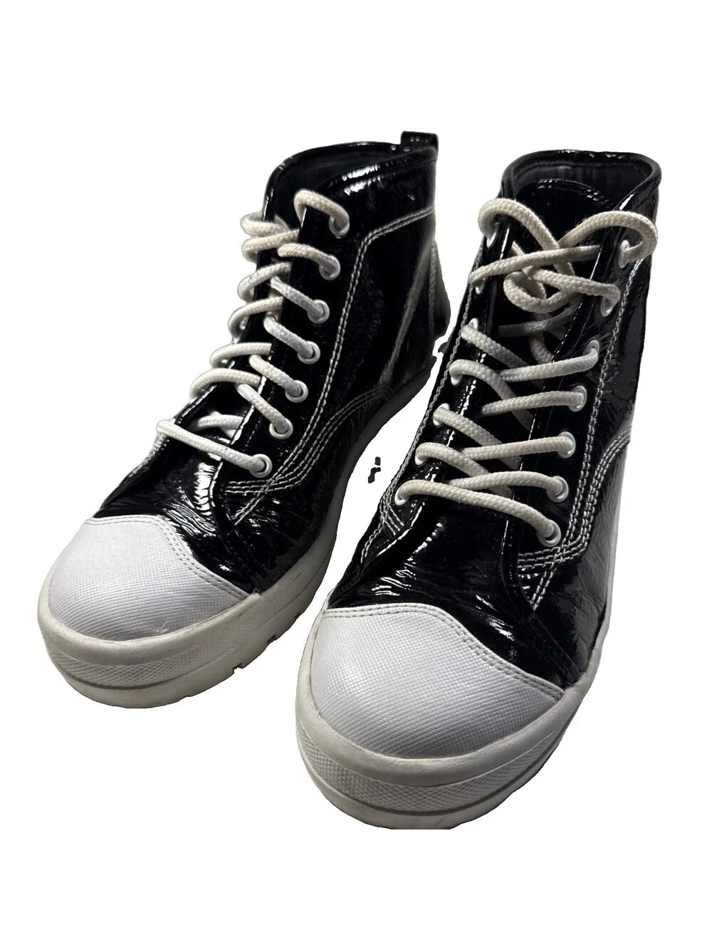 Womens Black Ankle Boots Size 8M Patent Leather Lace up Pre Owned